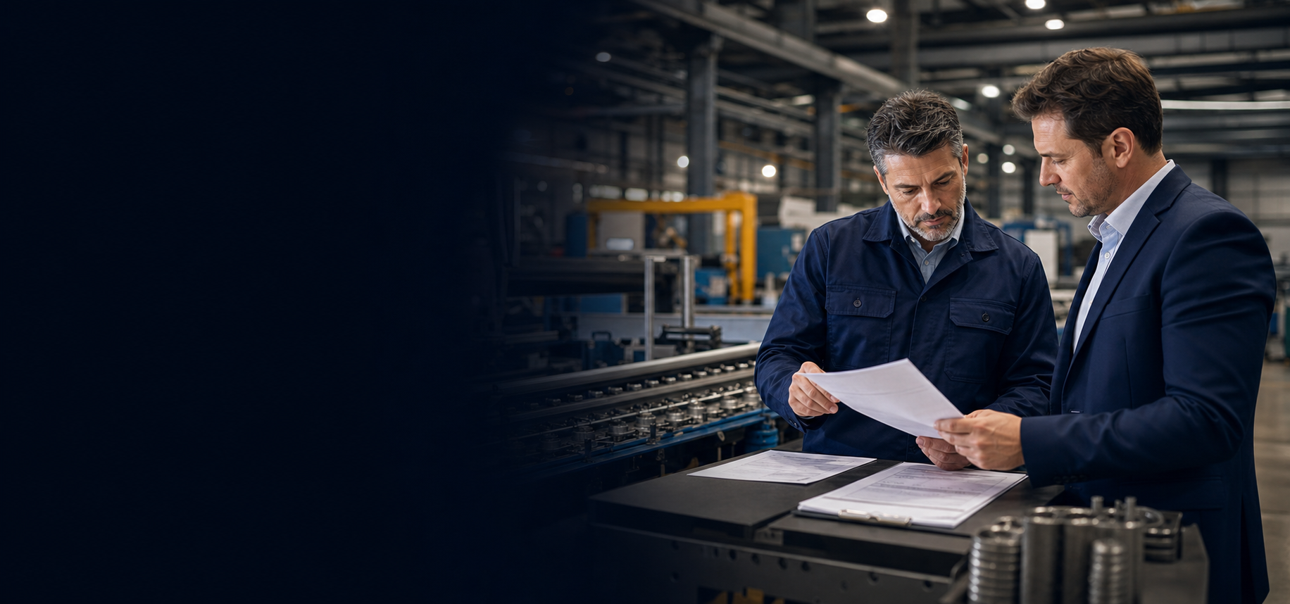 Manufacturing business owner reviewing invoices beside a production line